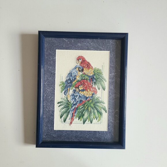 cross stitch picture Other - Framed cross stitch, embroidery, needle point picture with parrots.